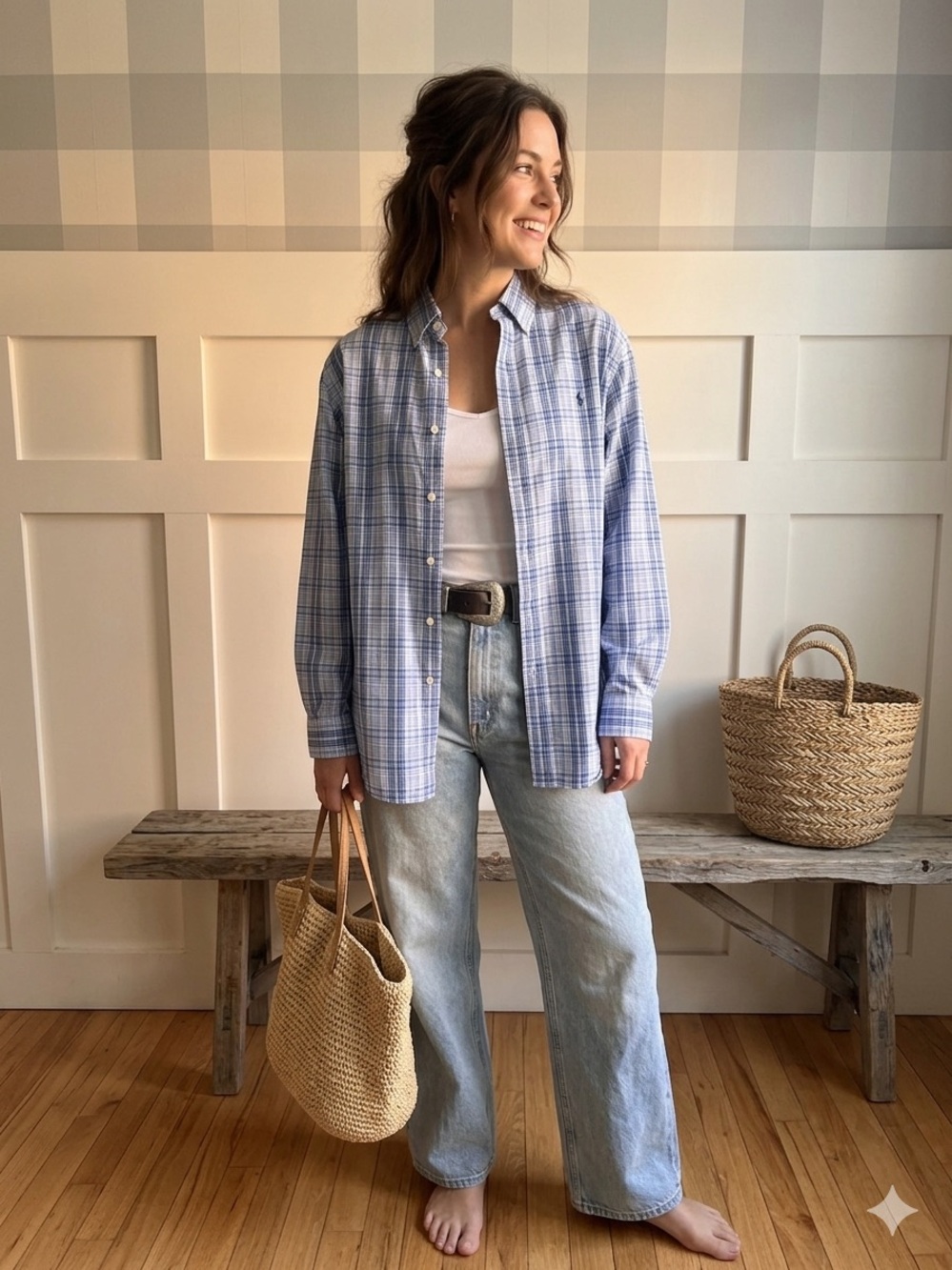 Polo by Ralph Lauren Light Blue and White Plaid Button-Down Shirt Medium